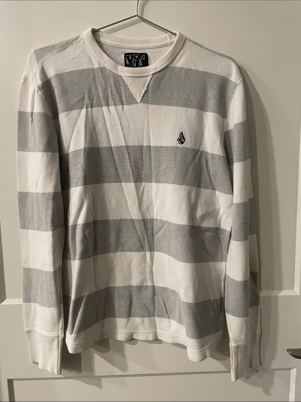 Volcom White and Gray Striped Waffle Crewneck Sweater